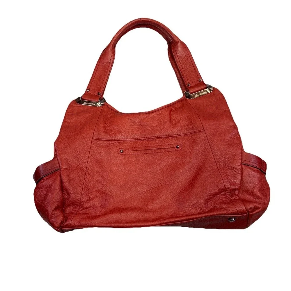 B. Makowsky Red Orange Pebbled Leather Satchel Bag Boho Shoulder Purse 3-Section